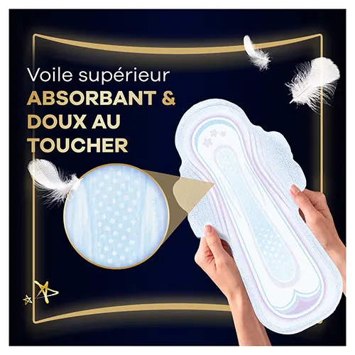 Mains tenant une serviette menstruelle de nuit avec ailettes Always Ultra avec une loupe montrant le voile supérieur absorbant et doux au toucher