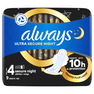 Jusqu'à 100% de protection contre les fuites aves les serviettes hygiéniques avec ailettes Always Ultra Secure Night (Taille 4)