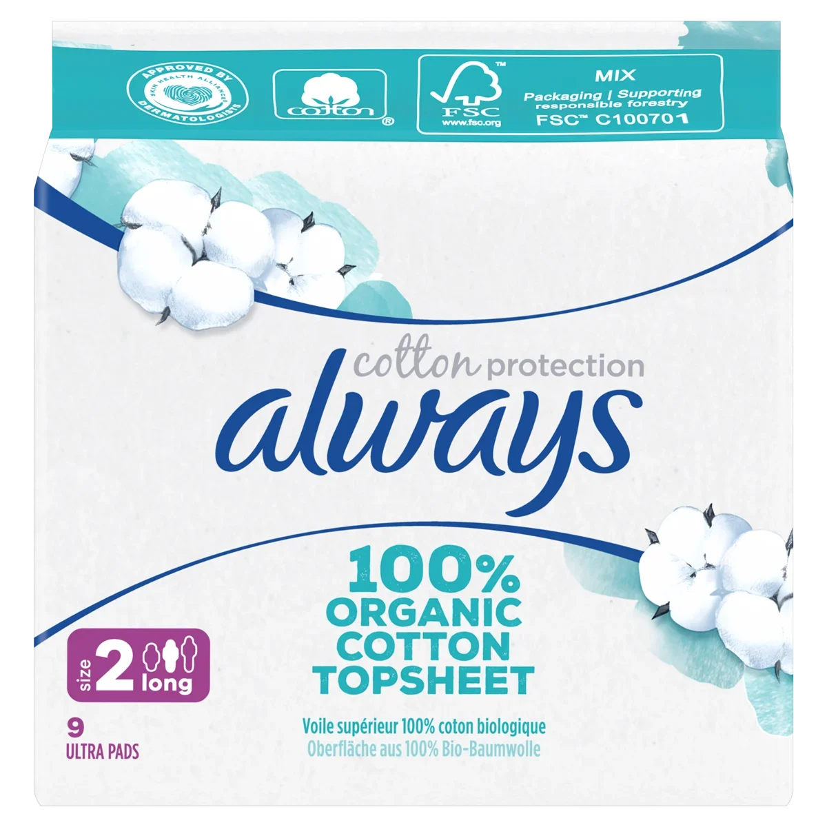 Always Cotton Protection Long (Taille 2) serviettes menstruelles avec ailettes 9ct
