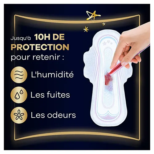 Serviette menstruelle de nuit avec ailettes Always Ultra absorbant le flux et texte « jusqu'à 10h de protection pour retenir l'humidité, les fuites et les odeurs »