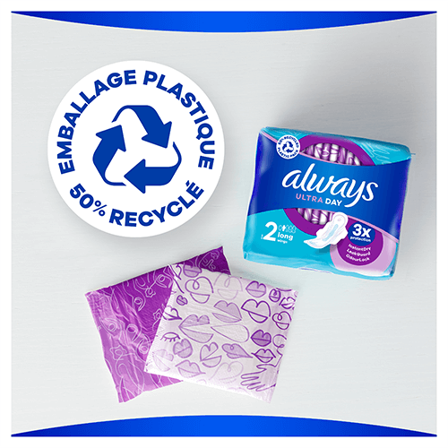 L'emballage des serviettes hygiéniques avec ailettes Always Ultra Day Long fait à 50% de plastique recyclé