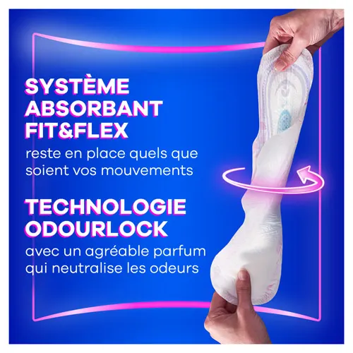 Mains tordant la serviette et texte "Système absorbant Fit&Flex et technologie OdourLock".