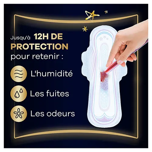 Serviette menstruelle de nuit avec ailettes Always Ultra absorbant le flux et texte « jusqu'à 12h de protection pour retenir l'humidité, les fuites et les odeurs »