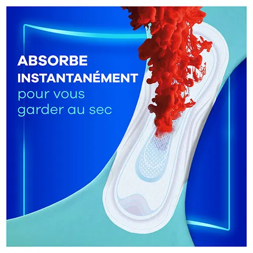 Serviette menstruelle Always Ultra absorbant un liquide rouge avec texte « absorbe instantanément pour vous garder au sec »