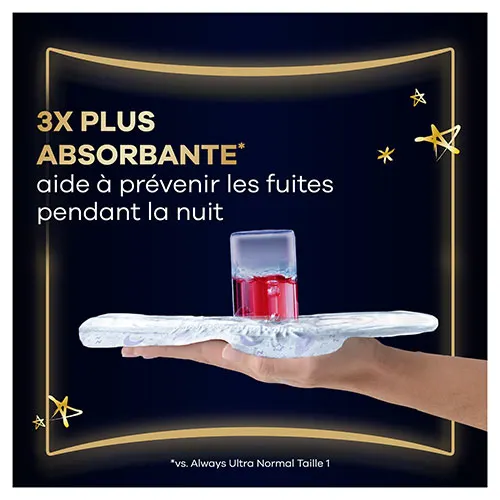 Serviette menstruelle de nuit avec ailettes Always Ultimate Night absorbant liquide d'un verre montrant qu'elle est 3x plus absorbante