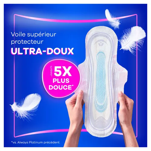 Mains tenant une serviette et texte : "Voile supérieur protecteur ultra-doux".