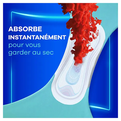 Serviette menstruelle Always Ultra absorbant un liquide rouge avec texte « absorbe instantanément pour vous garder au sec »