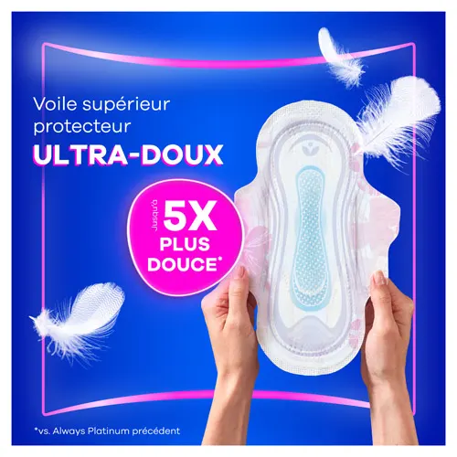 Mains tenant une serviette et texte : "Voile supérieur protecteur ultra-doux".