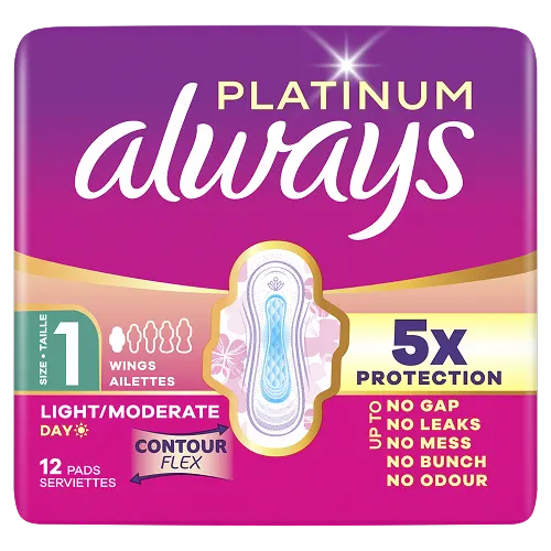 Always Serviettes Menstruelles Platinum Jour Flux Léger/Modéré Avec Ailettes 12ct