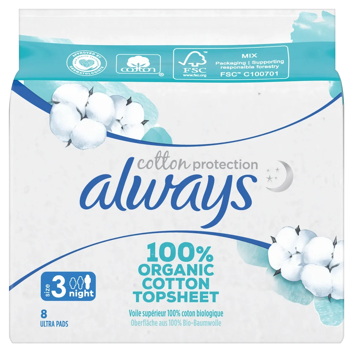 Always Cotton Protection Night (Taille 3) serviettes menstruelles avec ailettes 8ct