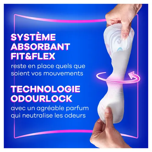 Mains tordant la serviette et texte "Système absorbant Fit&Flex et technologie OdourLock".