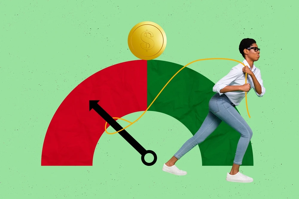 person pulling a credit score arrow into the green