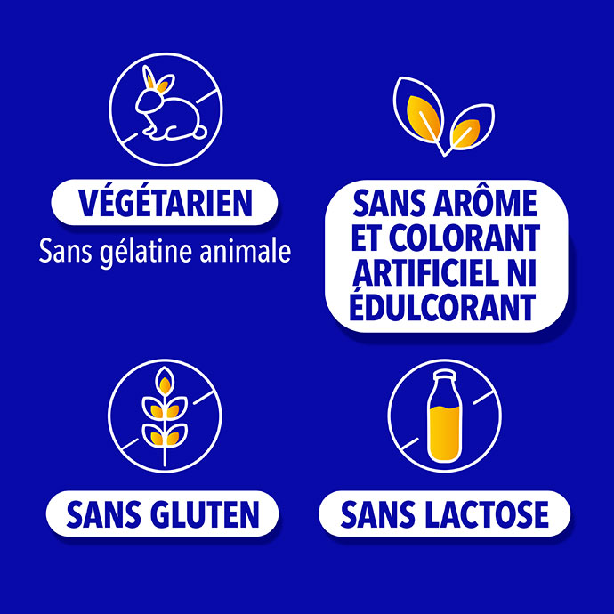 Végétarien, Sans gluten, Sans lactose, Sans arome et colorant artificiel ni édulcorant