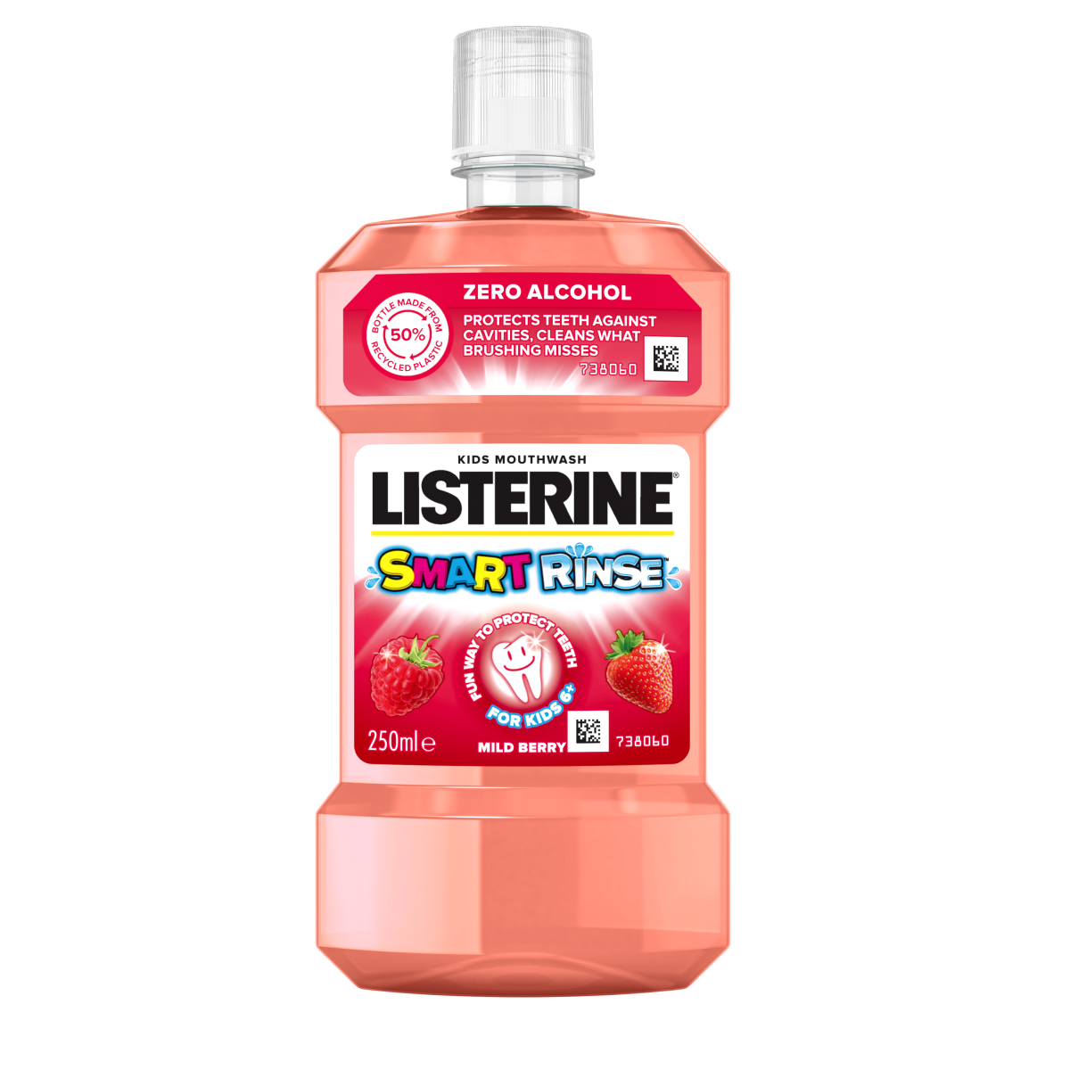 Listerine Smart Rinse Mild Mint 250ml For Kids 6+ termékfotó, Zero Alcohol és Protects teeth against cavities, cleans what brushing misses feliratokkal