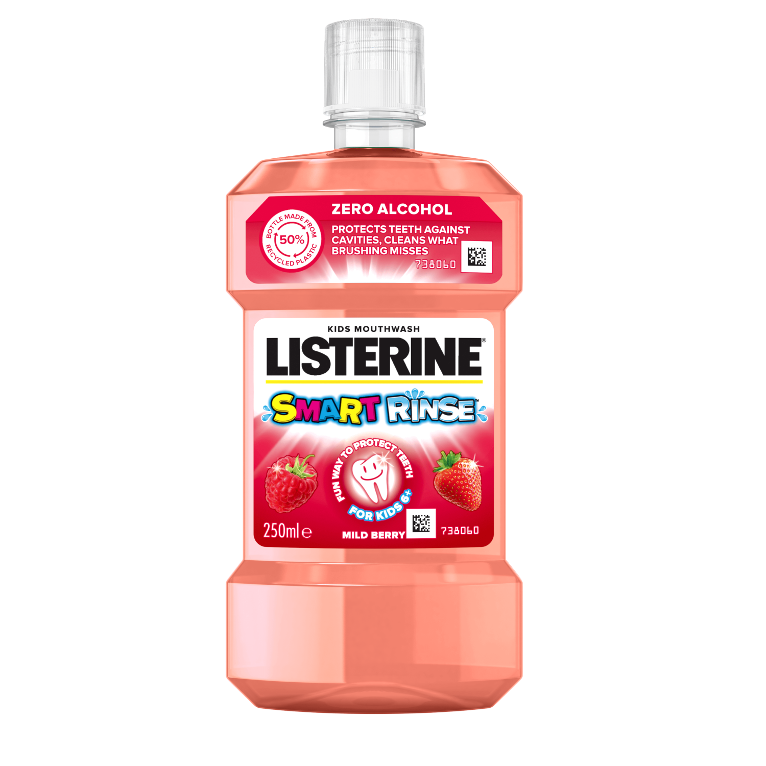 Listerine Smart Rinse Mild Berry 250ml For Kids 6+ termékfotó, Zero Alcohol és Protects teeth against cavities, cleans what brushing misses feliratokkal