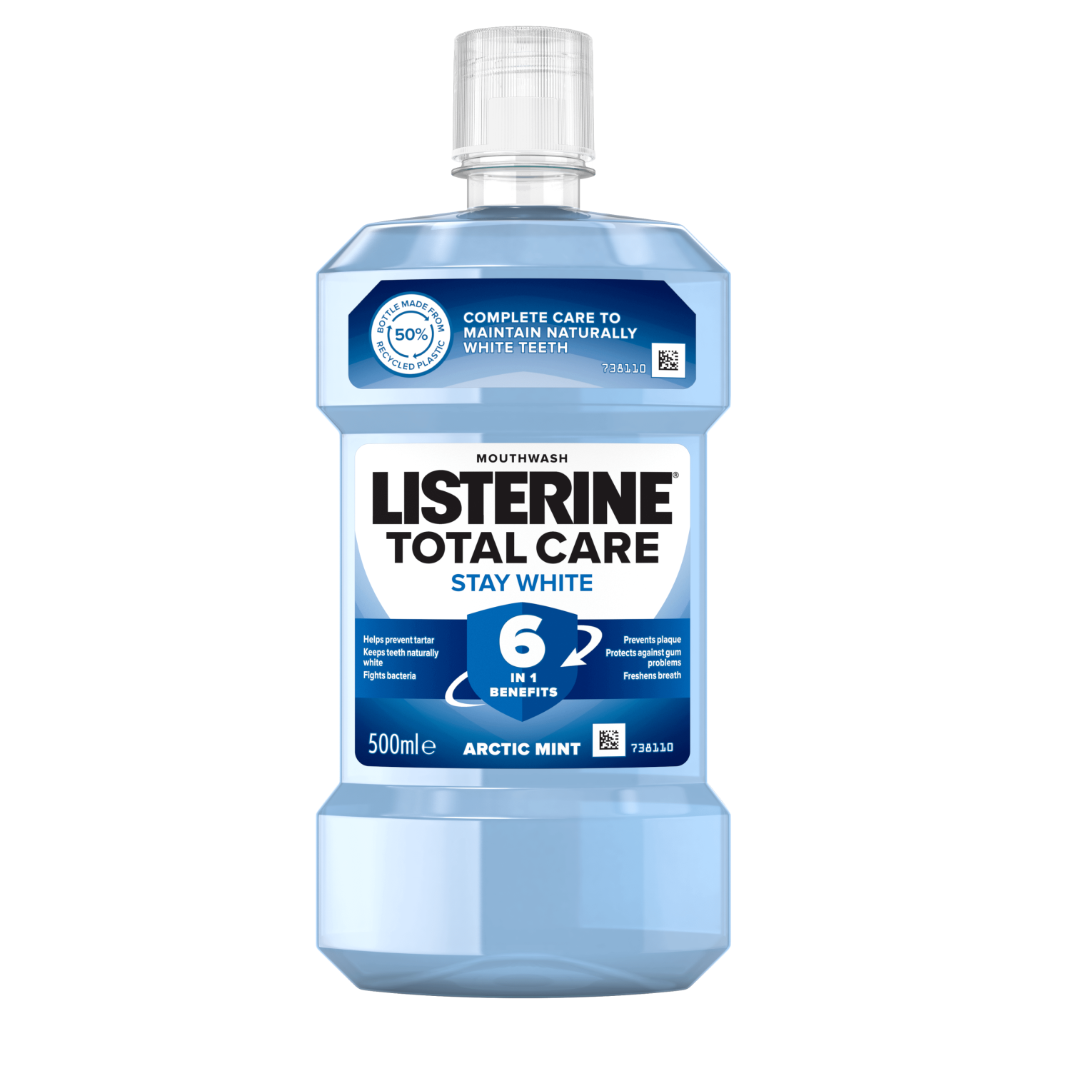 Listerine Total Care Stay White 6 benefits in 1 500 ml termékfotó, complete care to maintain naturally white teeth, helps prevent tartar, keeps teeth naturally white, fights bacteria, prevents plaque, protects against gum problems, freshens breath