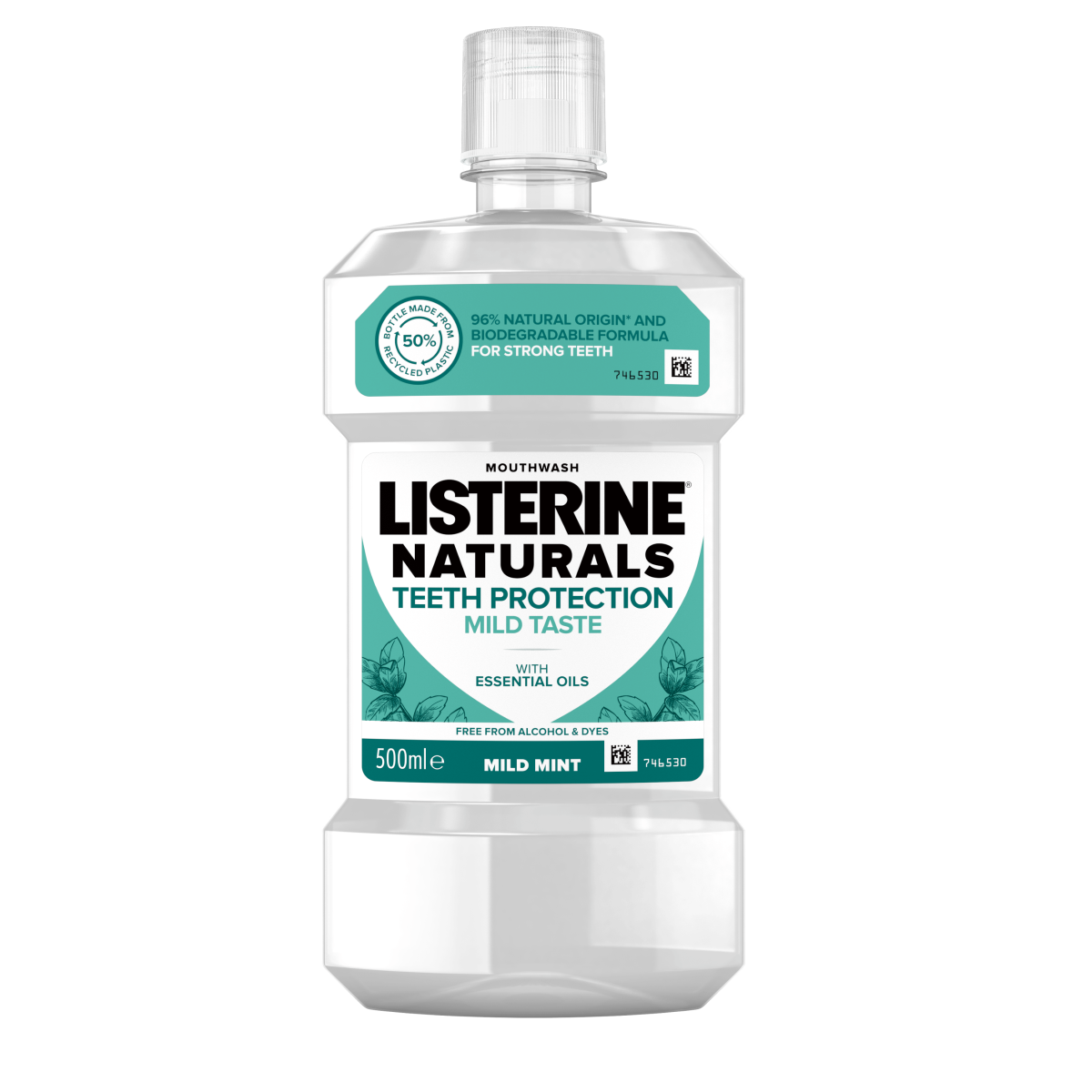 Listerine Naturals Teeth Protection Mild Taste 500 ml termékfotó, 96% natural origin and biodegradable formula for strong teeth, free from alcohol & dyes feliratokkal