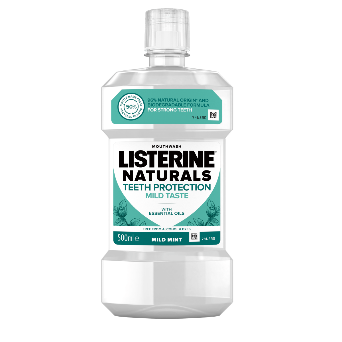 Listerine Naturals Teeth Protection Mild Taste 500 ml termékfotó, 96% natural origin and biodegradable formula for strong teeth, free from alcohol & dyes feliratokkal