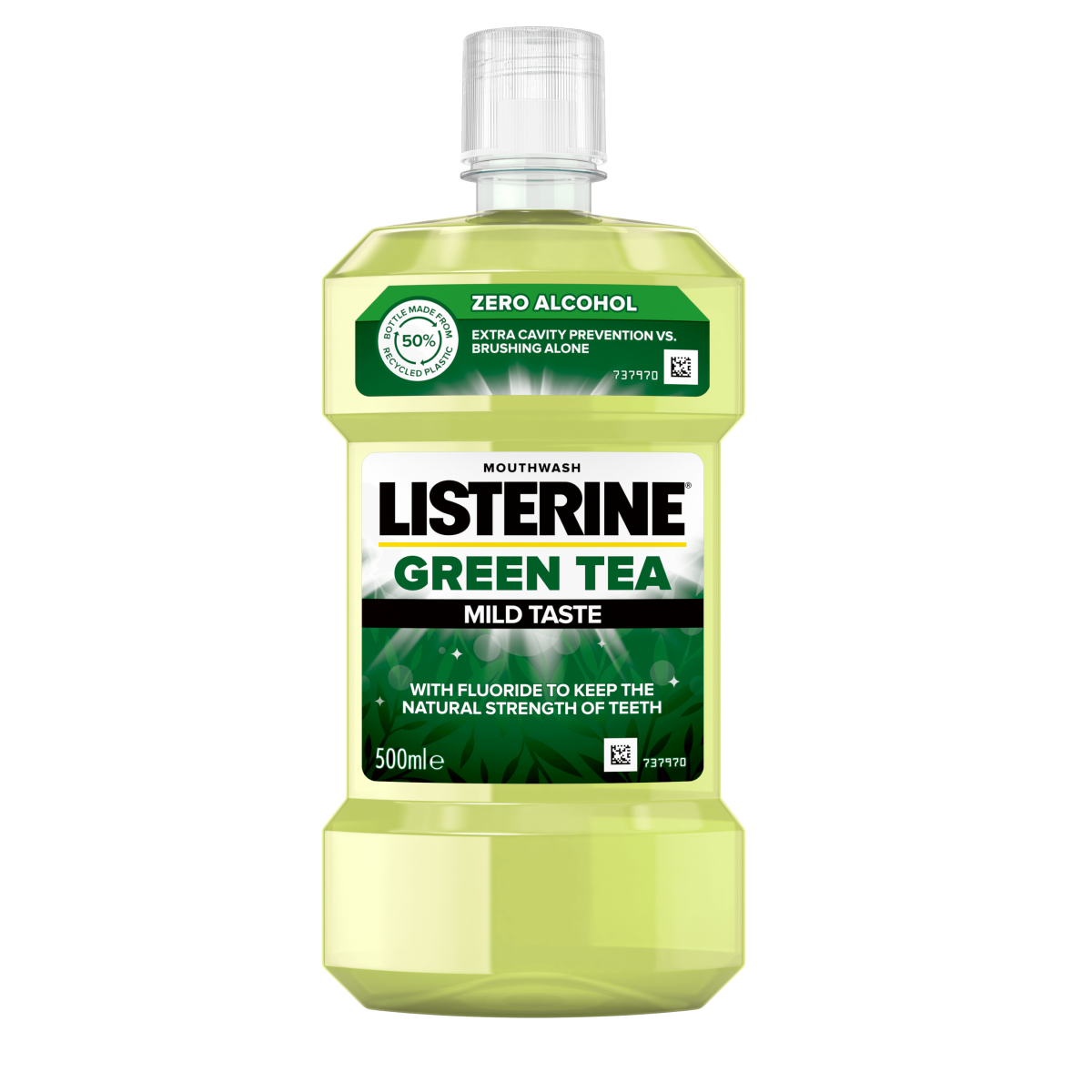 Listerine Green Tea Mild Taste 500 ml termékfotó, extra cavity prevention vs. brushing alone és with fluoride to keep the natural strength of teeth feliratokkal