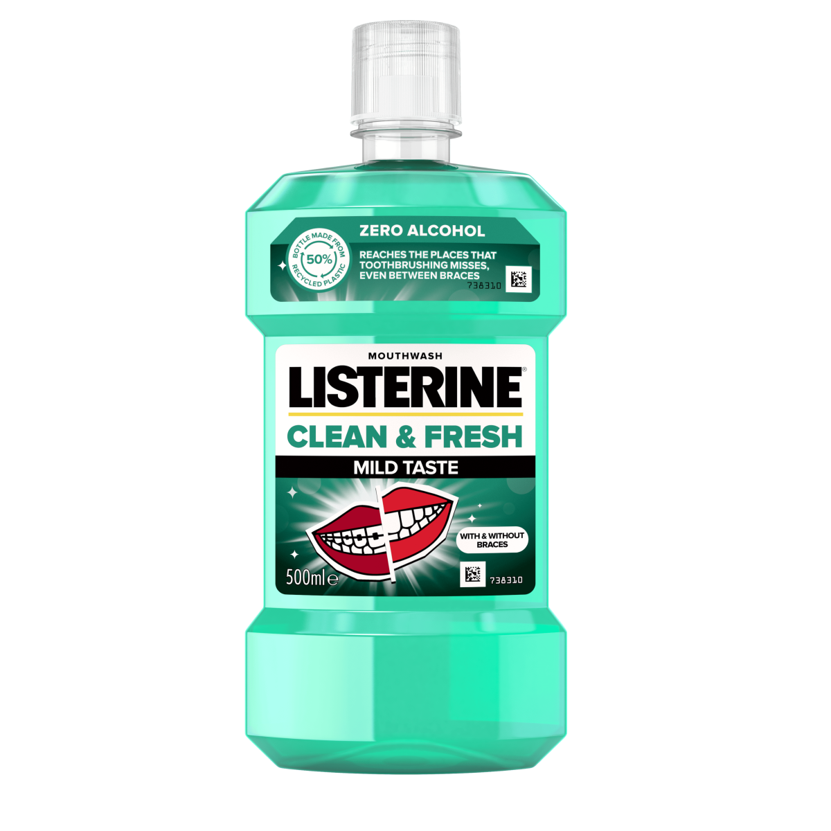 Listerine Clean & Fresh Mild Taste 500 ml termékfotó, reaches the places that toothbrushing misses, even between braces és with & without braces feliratokkal