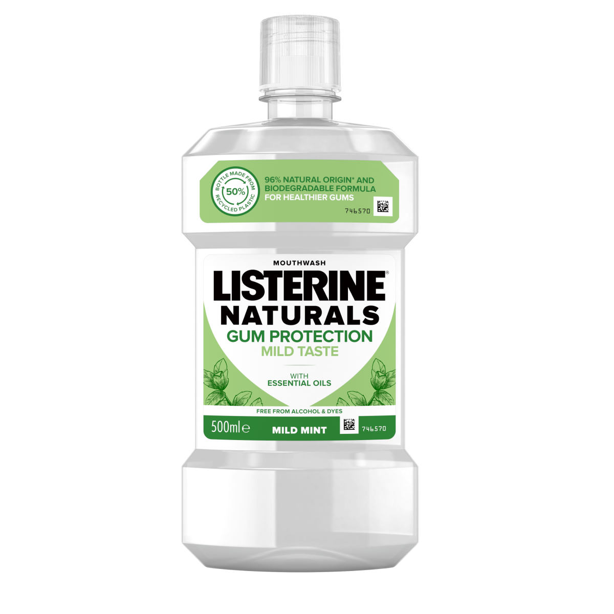 Listerine Naturals Gum Protection Mild Taste 500 ml termékfotó, 96% naturals origin and biodegradable formula for healthier gums felirattal