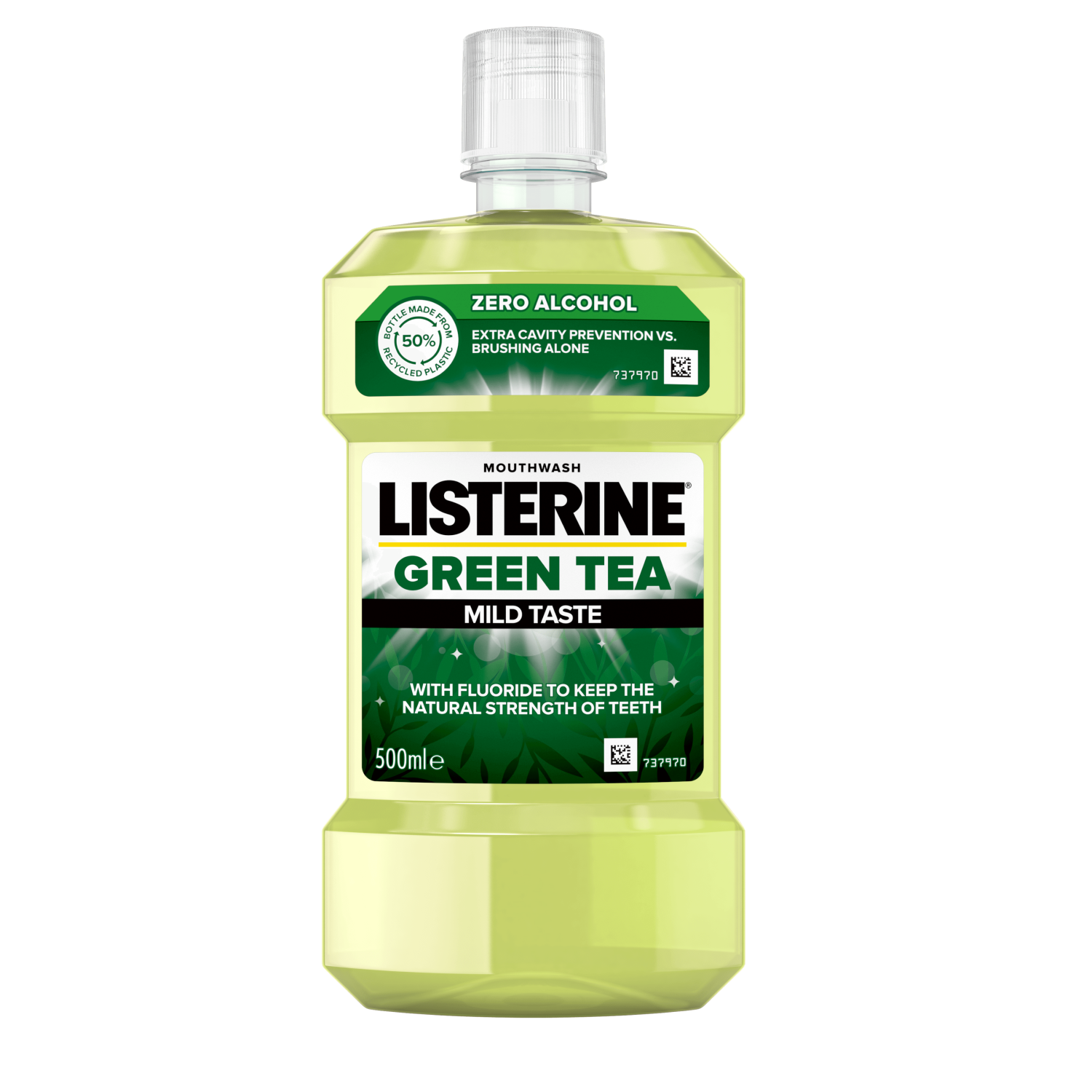 Listerine Green Tea Mild Taste 500 ml termékfotó, extra cavity prevention vs. brushing alone és with fluoride to keep the natural strength of teeth feliratokkal