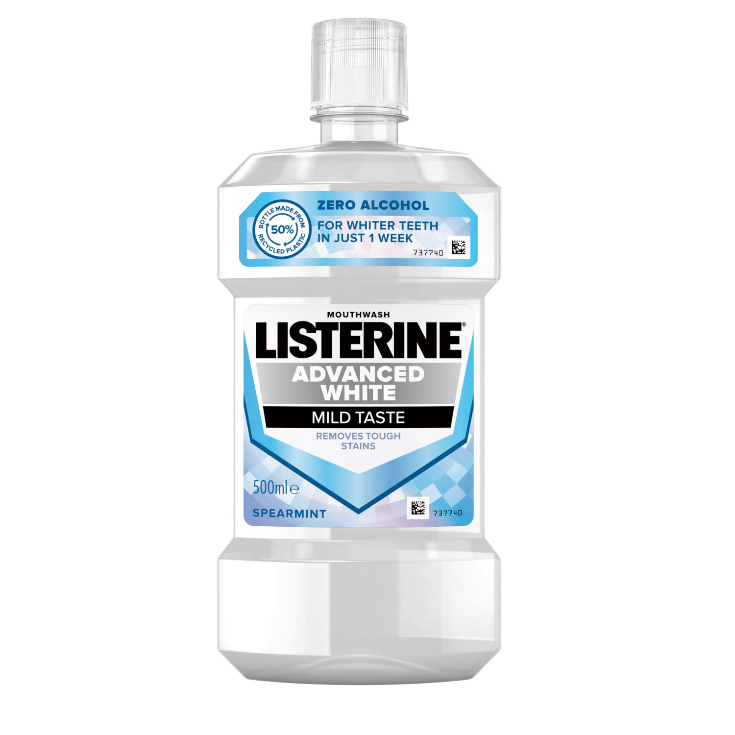 Listerine Advanced White Mild Taste 500 ml termékfotó, Zero alcohol, for whiter teeth in just 1 week, removes tough stains feliratokkal