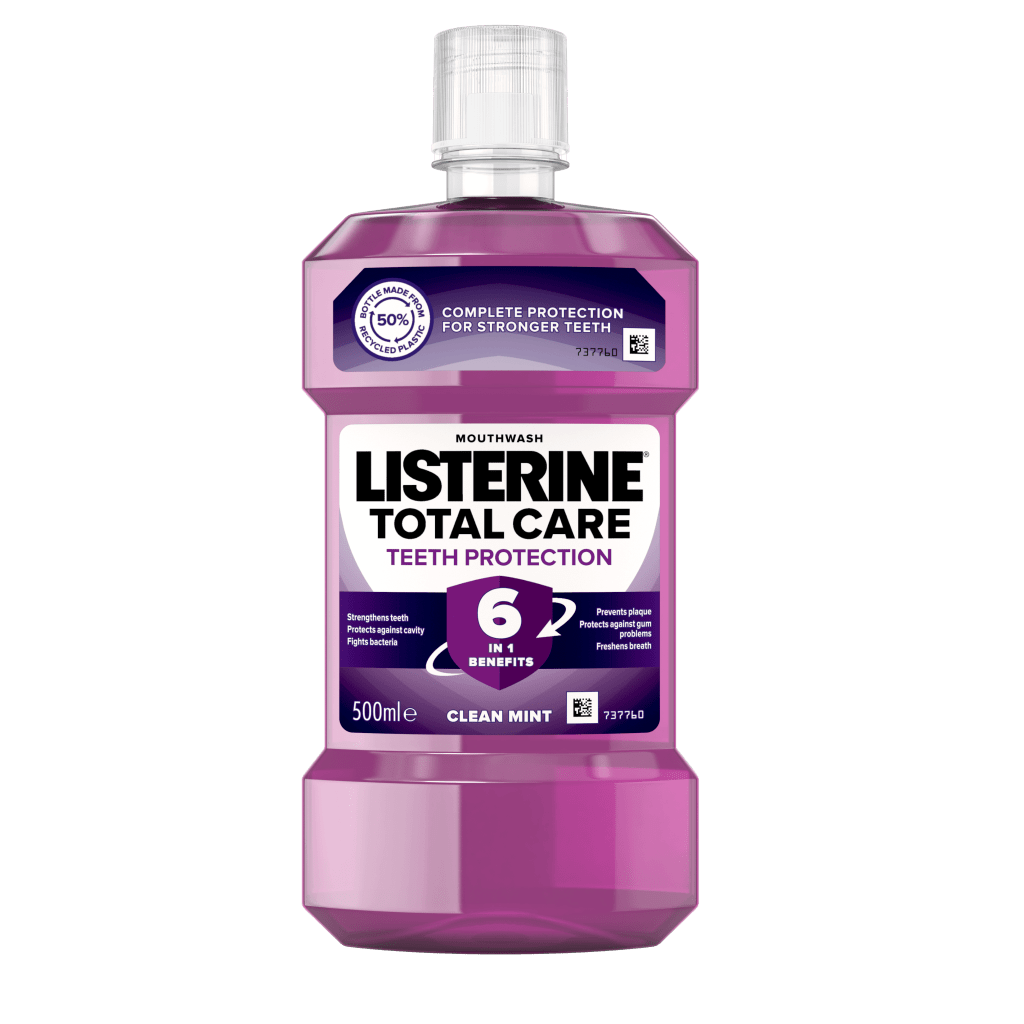 Listerine Total Care Teeth Protection 6 benefits in 1 500 ml termékfotó, complete protection for stronger teeth, strengthens teeth, protects against cavity, fights bacteria, prevents plaque, protects against gum problems, freshens breath feliratokkal