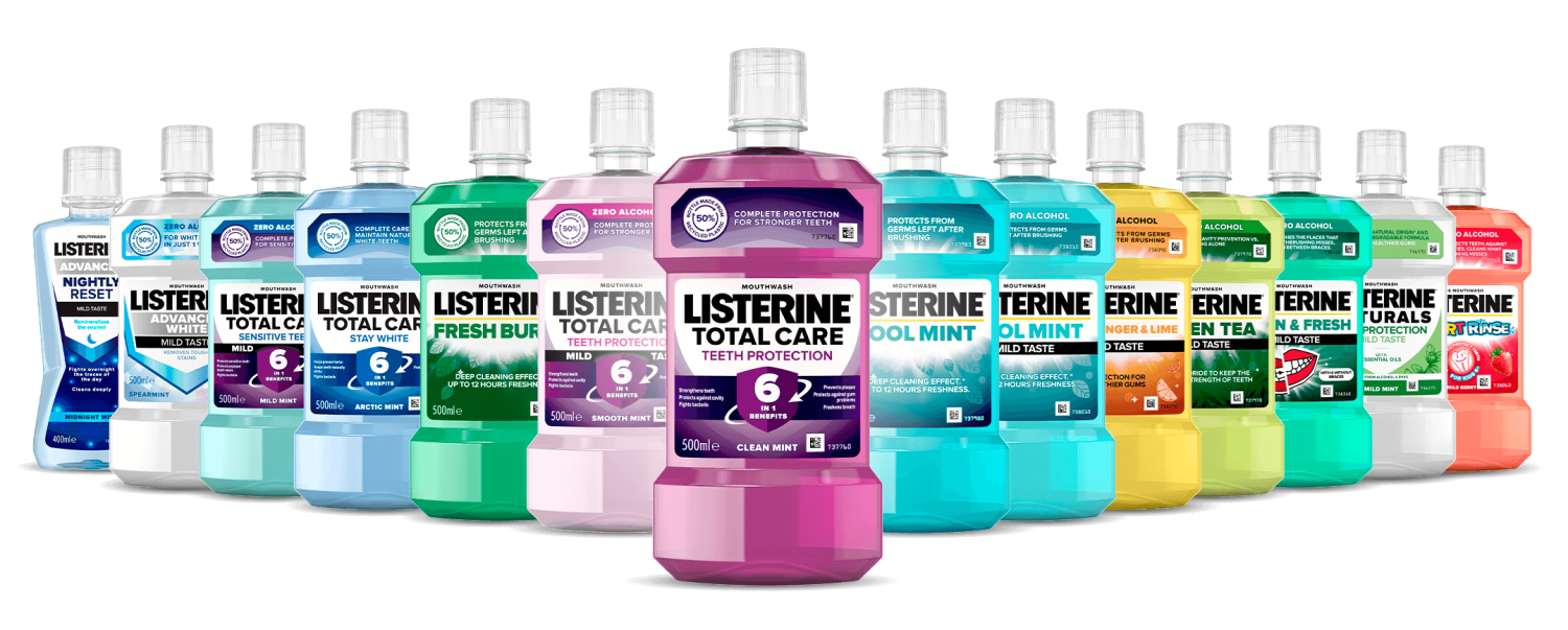 Kép a Listerine portfólióról. Nightly Reset, Advanced White, Total Care Sensitive, Total Care Stay White, Fresh Burst, Total Care Mild Taste, Total Care, Cool Mint, Cool Mint Mild Taste, Ginger & Lime, Green Tea, Naturals Gum Protection, Smart Rinse Mild 