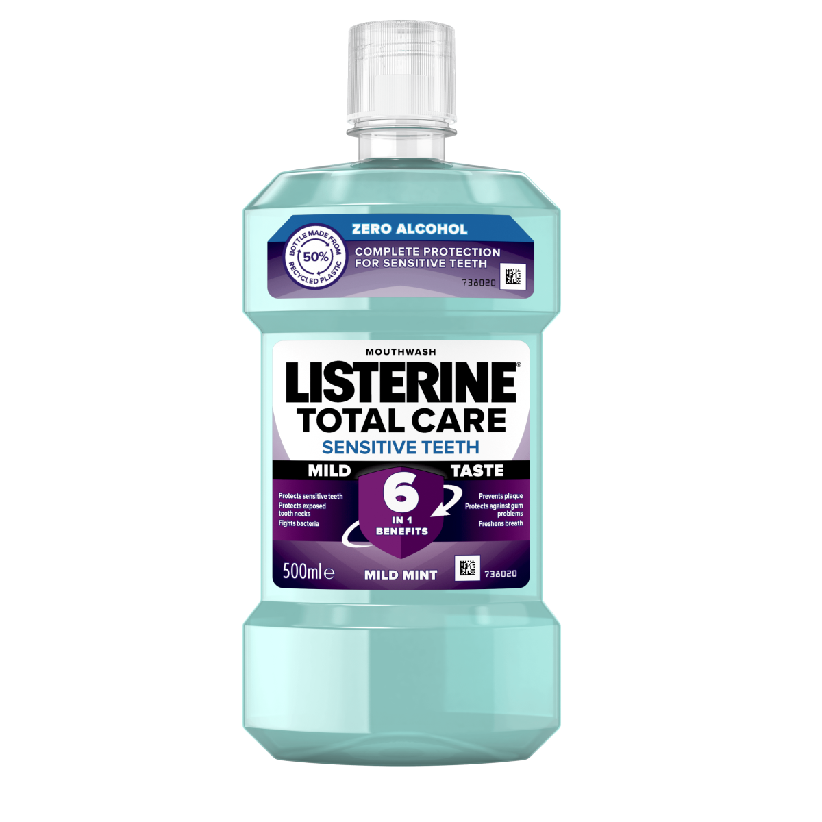 Listerine Total Care Sensitive Teeth Mild Taste 500 ml, complete protection for sensitive teeth, protects sensitive teeth, protects exposed tooth necks, fights bacteria, prevents plaque, protects against gum problems, freshens breath feliratokkal