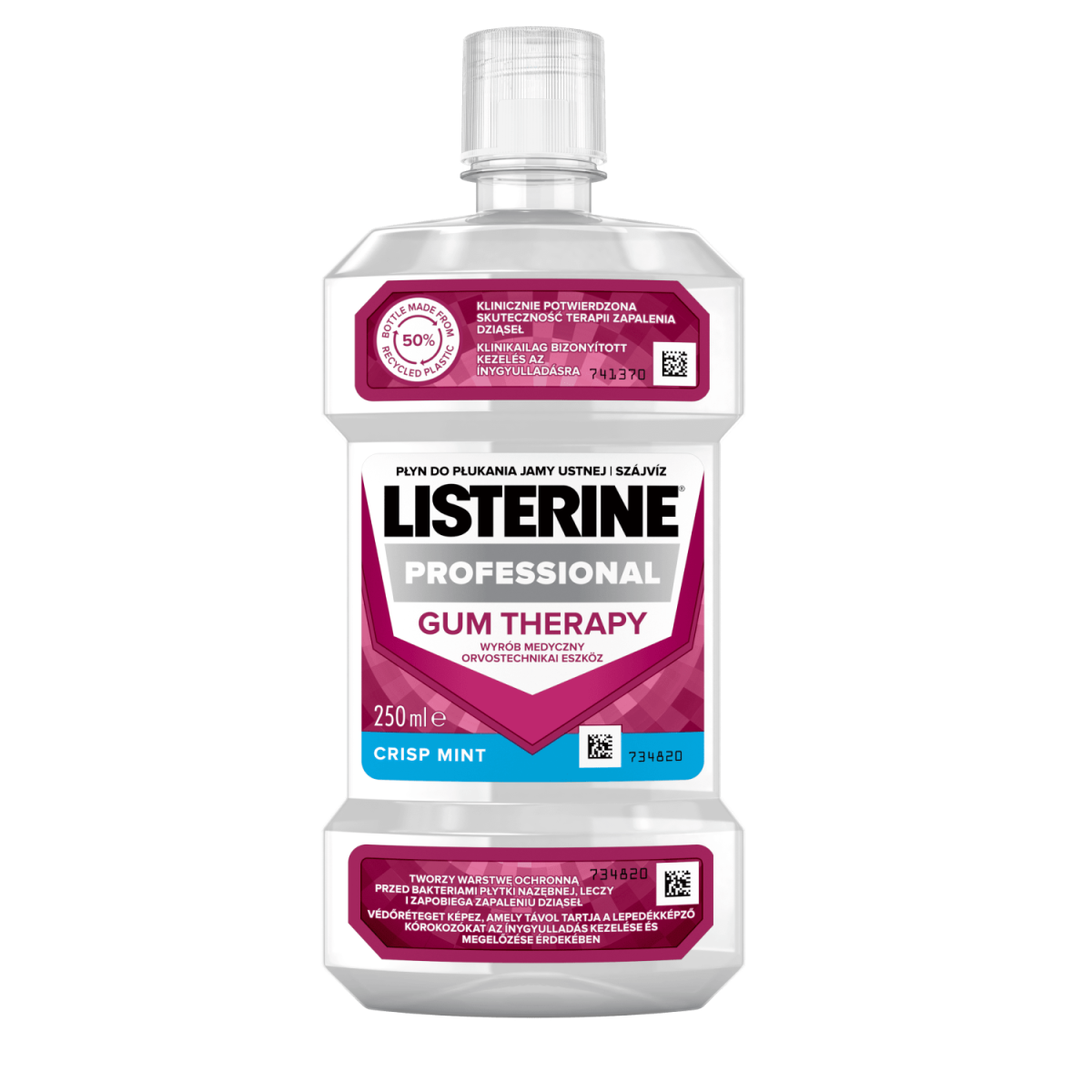 Listerine Professional Gum Therapy 250 ml orvostechnikai eszköz termékfotó, klinikailag bizonyított kezelés az ínygyulladásra és védőréteget képez, amely távol tartja a lepedékképző kórokozókat az ínygyulladás kezelése és megelőzése érdekében