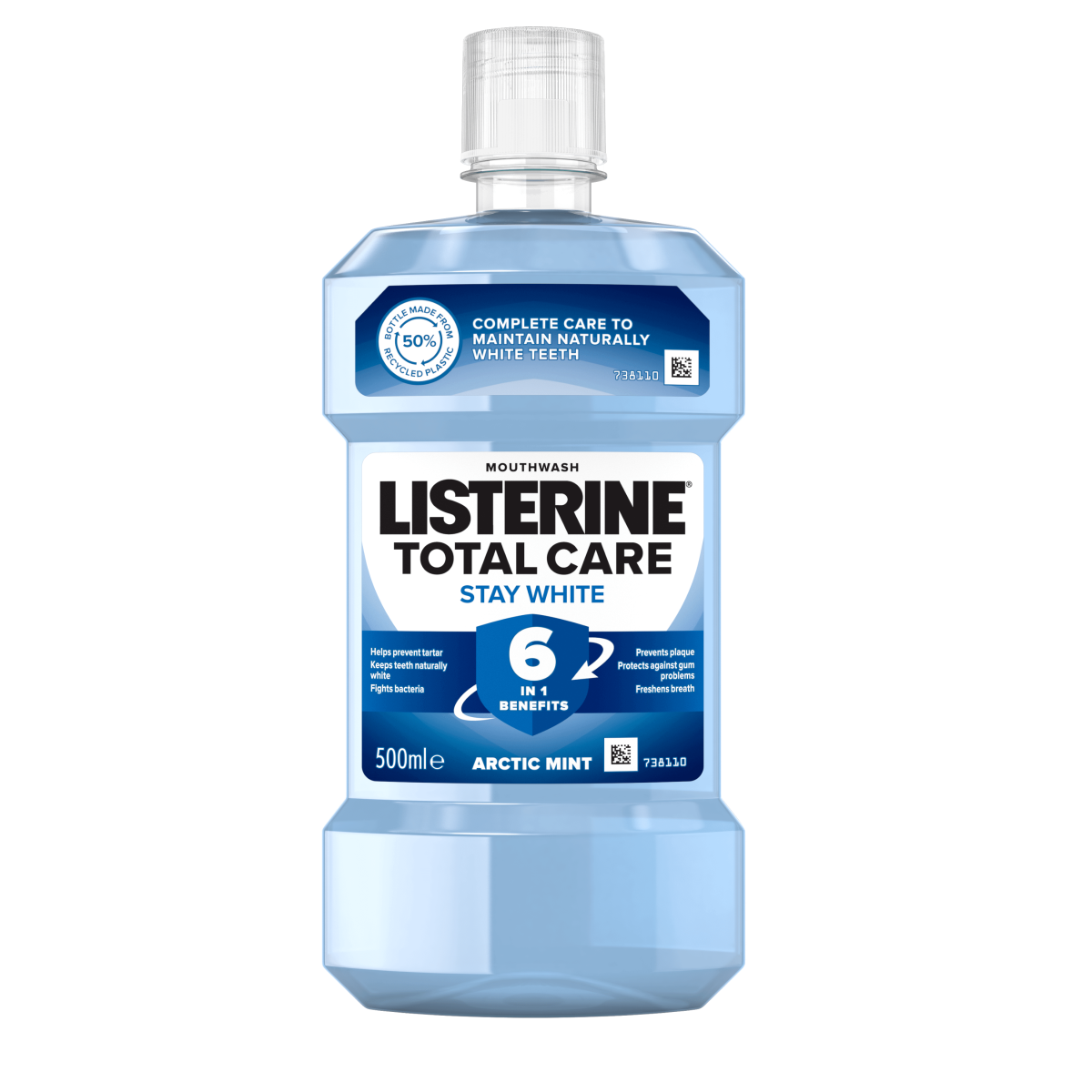 Listerine Total Care Stay White 6 benefits in 1 500 ml termékfotó, complete care to maintain naturally white teeth, helps prevent tartar, keeps teeth naturally white, fights bacteria, prevents plaque, protects against gum problems, freshens breath