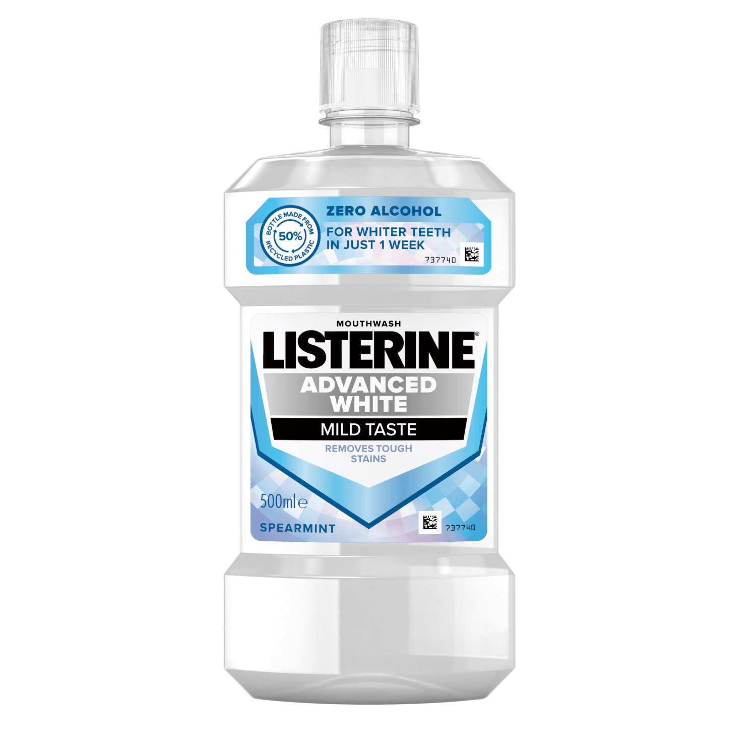 Listerine Advanced White Mild Taste 500 ml termékfotó, Zero alcohol, for whiter teeth in just 1 week, removes tough stains feliratokkal