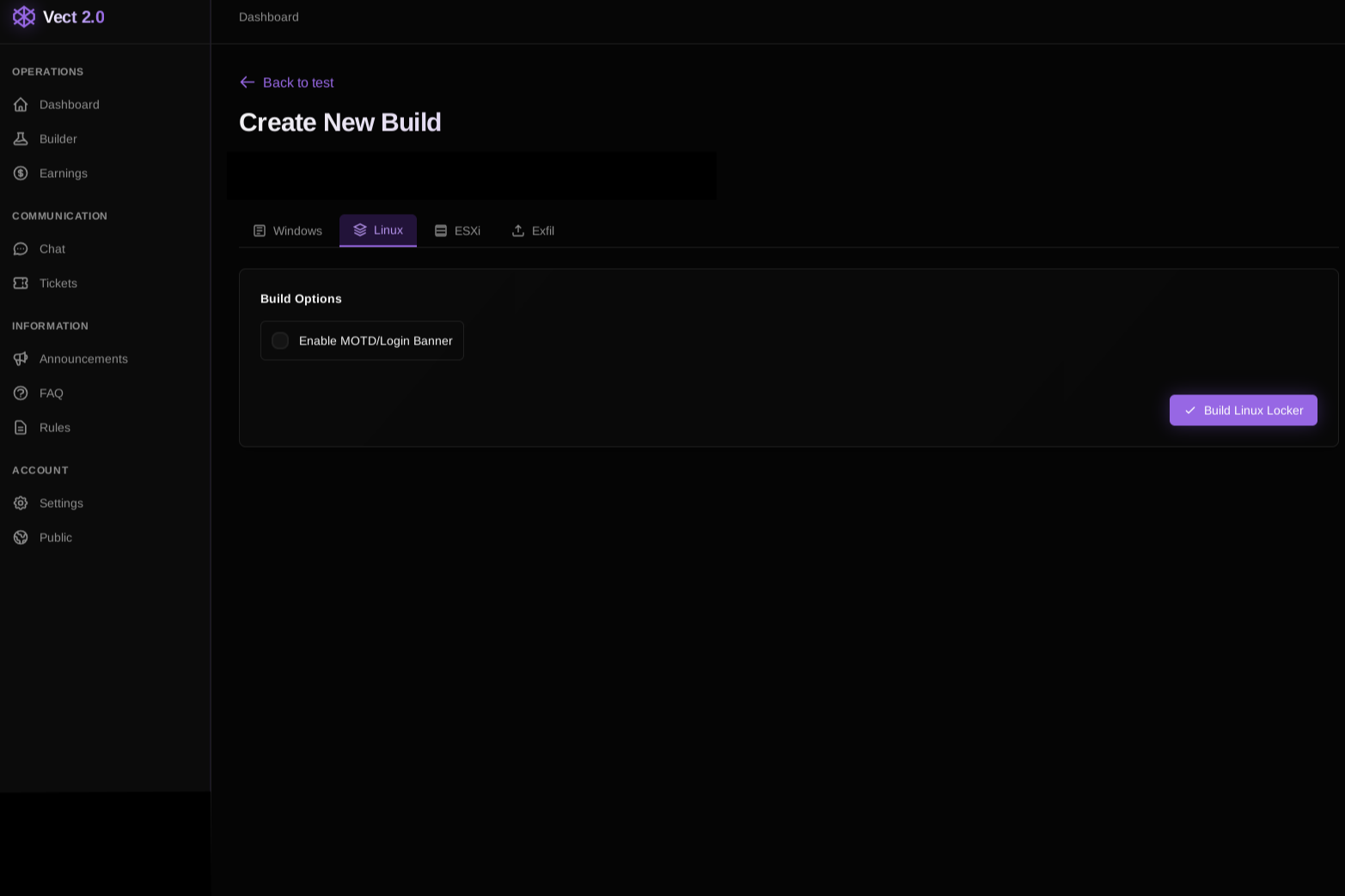 Figure 8: Vect 2.0 Affiliate Panel — Linux Builder