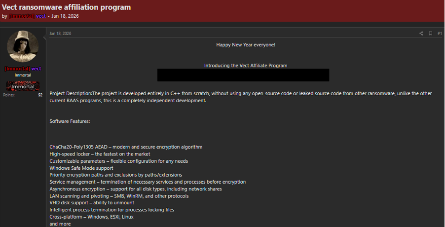 Figure 1: Vect Ransomware Affiliate Post