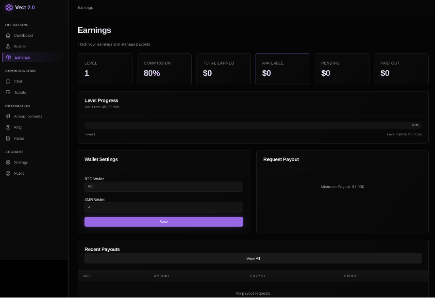 Figure 6: Vect 2.0 Affiliate Panel — Earnings Overview