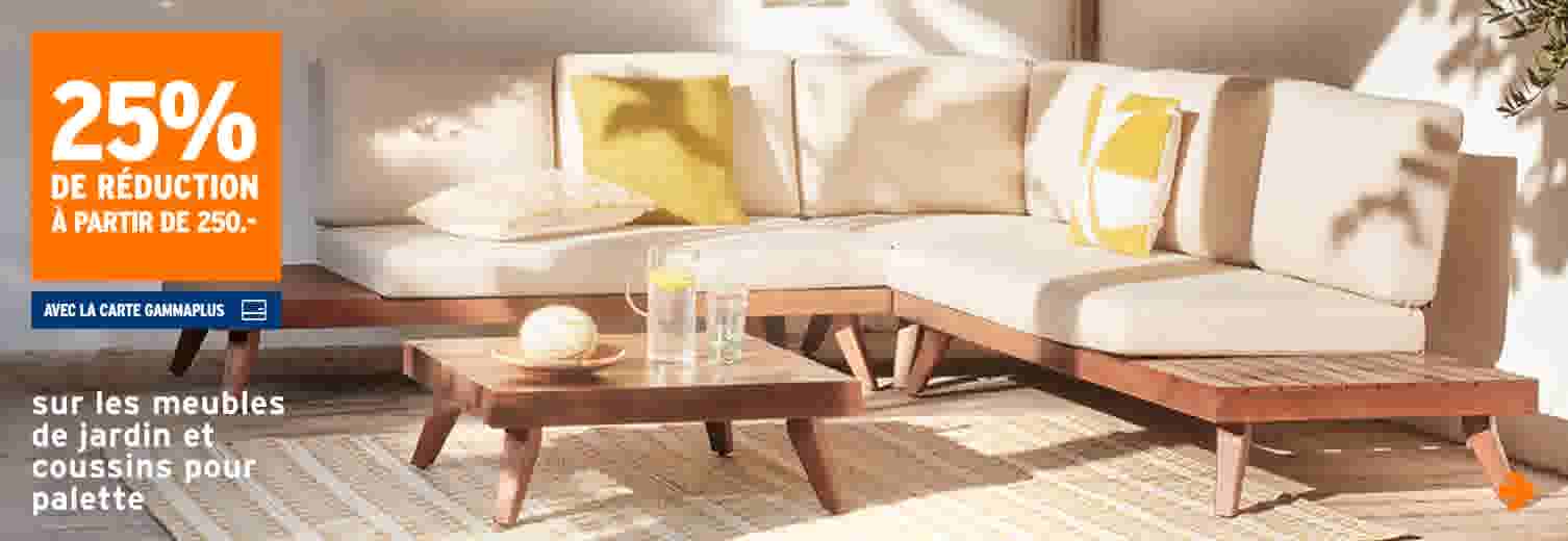 25% de réduction sur les meubles de jardin et coussins pour palette