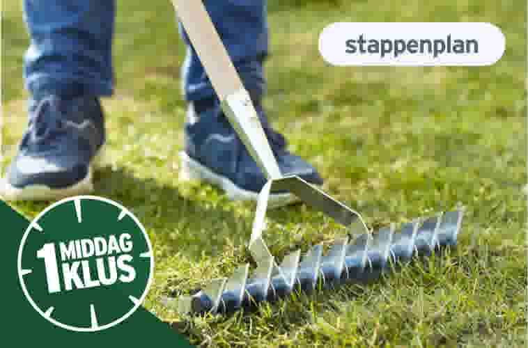 Persoon in blauwe spijkerbroek en sneakers gebruikt grasmaaier op groen gazon met stappenplan badge