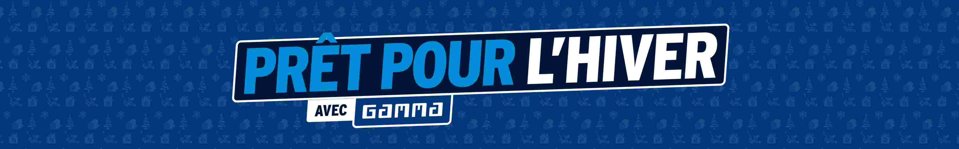 Logo "Prêt pour l'hiver avec GAMMA" en bleu et blanc sur fond bleu avec motifs hivernaux (sapins, flocons, maisons)