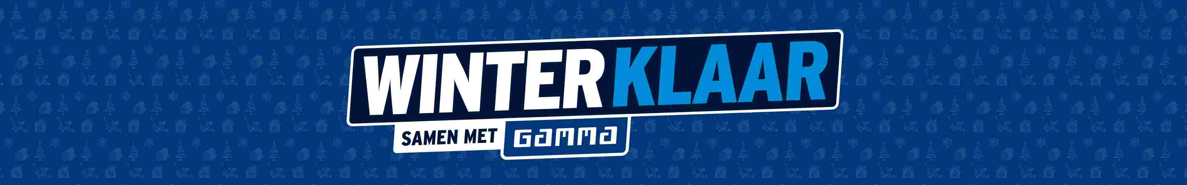Logo 'Winterklaar samen met GAMMA' op blauwe achtergrond met winterse pictogrammen zoals sneeuwvlokken en kerstbomen.
