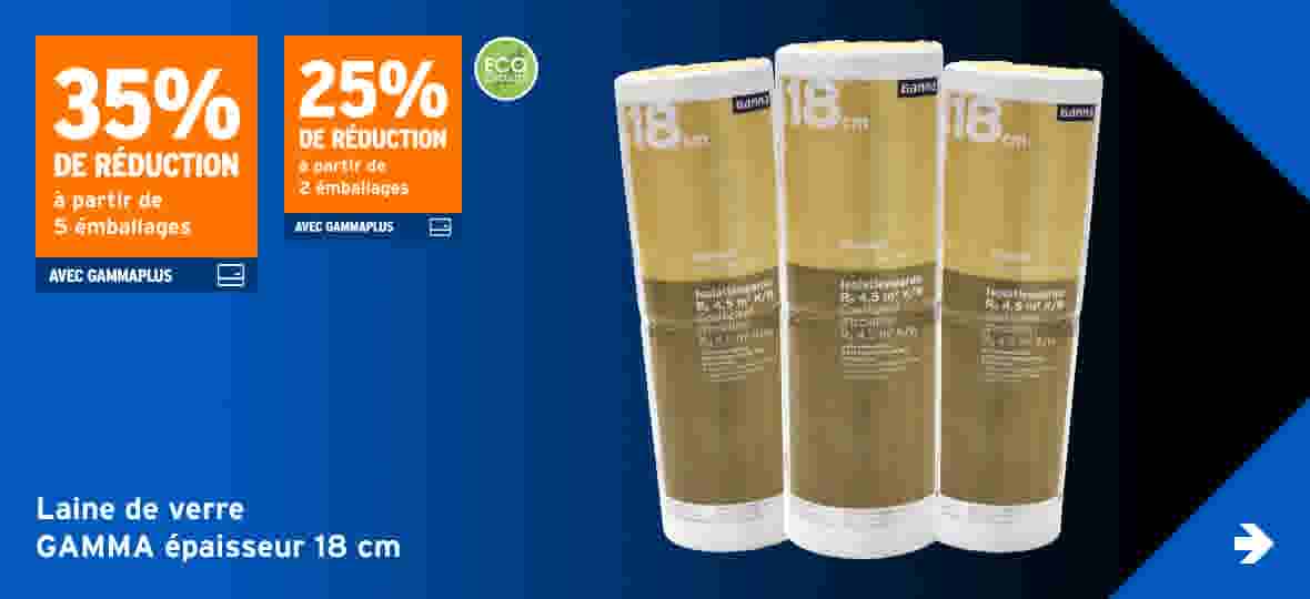 Trois rouleaux de laine de verre GAMMA de 18 cm d'épaisseur sur fond bleu avec promotions de 35% et 25% de réduction.