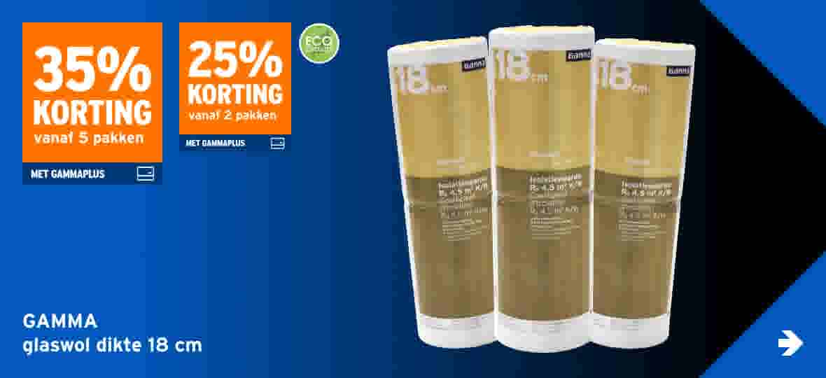 Drie rollen GAMMA glaswol isolatie van 18 cm dik met kortingsaanbiedingen op blauwe achtergrond.