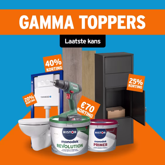 Gamma Toppers promotie met diverse producten zoals verfblikken, gereedschap en meubels met kortingslabels op oranje-blauwe achtergrond.