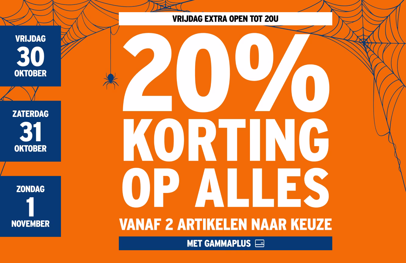 Oranje Halloween-promotie met spinnenwebben: 20% korting op alles, 30-31 oktober en 1 november, extra open vrijdag.