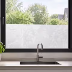 Fenêtre de cuisine avec film givré, évier en inox, robinet argenté et plante verte, vue sur jardin verdoyant.