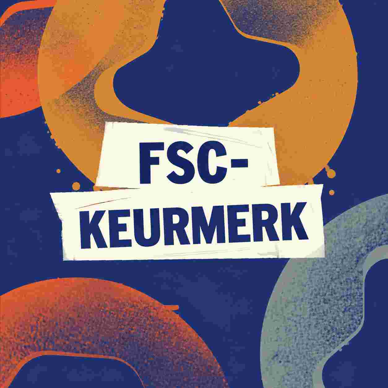 FSC-keurmerk logo op witte banners met abstract blauw, oranje en grijs patroon op de achtergrond.