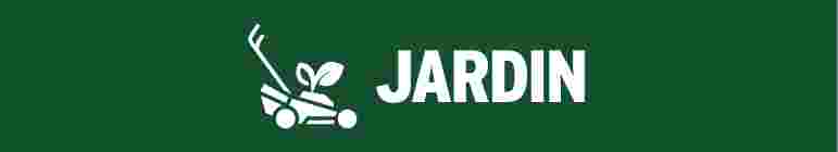 Logo blanc avec texte JARDIN et icône de tondeuse à gazon avec plante sur fond vert foncé