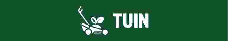 Wit logo met grasmaaier en bladeren naast het woord TUIN op donkergroene achtergrond