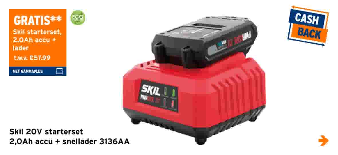 Skil 20V starterset met zwarte accu op rode snellader, met gratis aanbieding en cashback actie