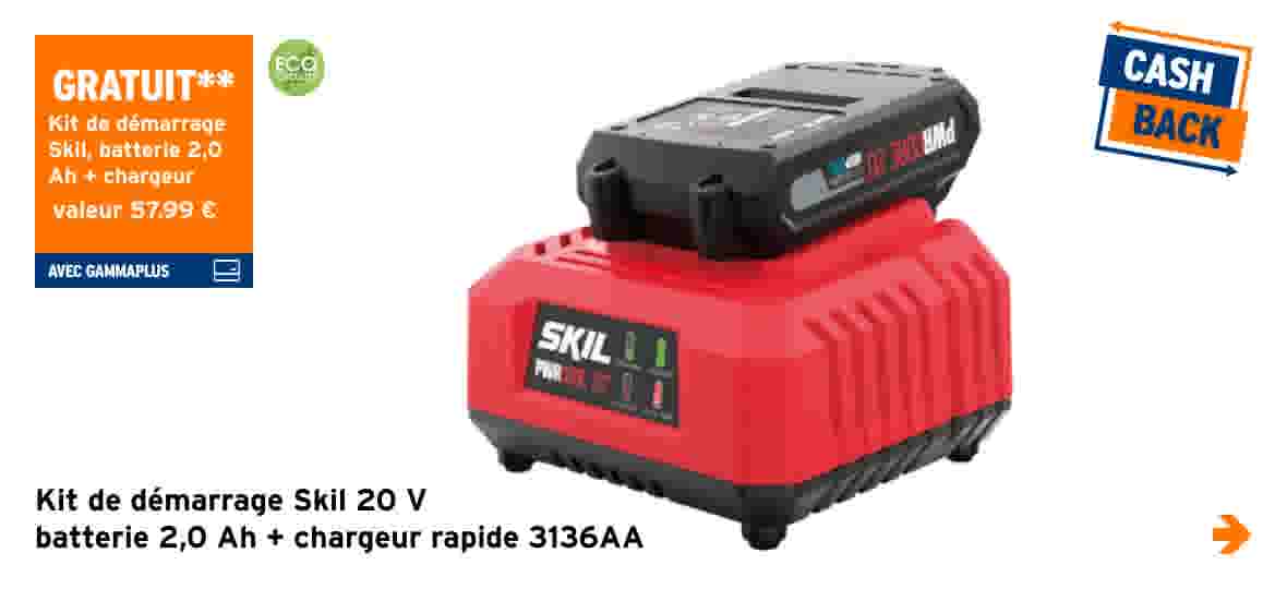 Batterie noire Skil 20V posée sur chargeur rouge avec badge éco-chèques et offre cashback visible.